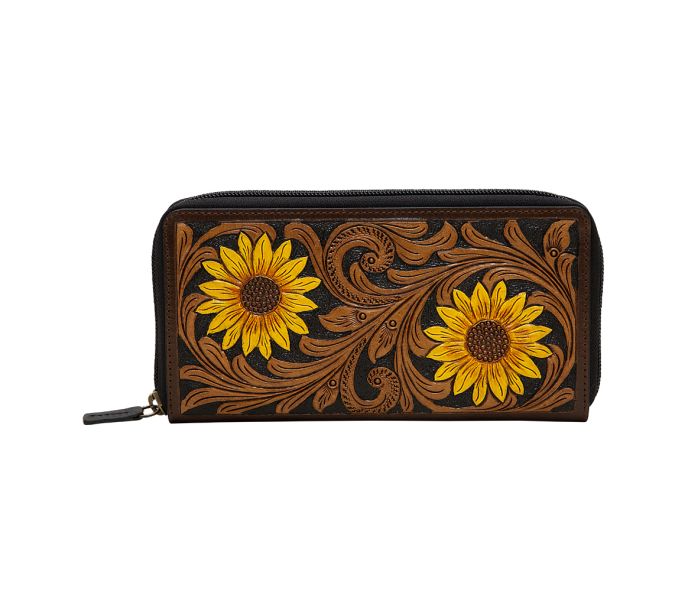 a wallet with sunflowers painted on it