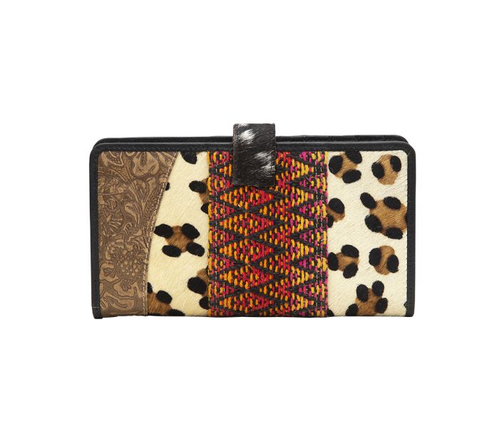 a wallet with a leopard print pattern on it