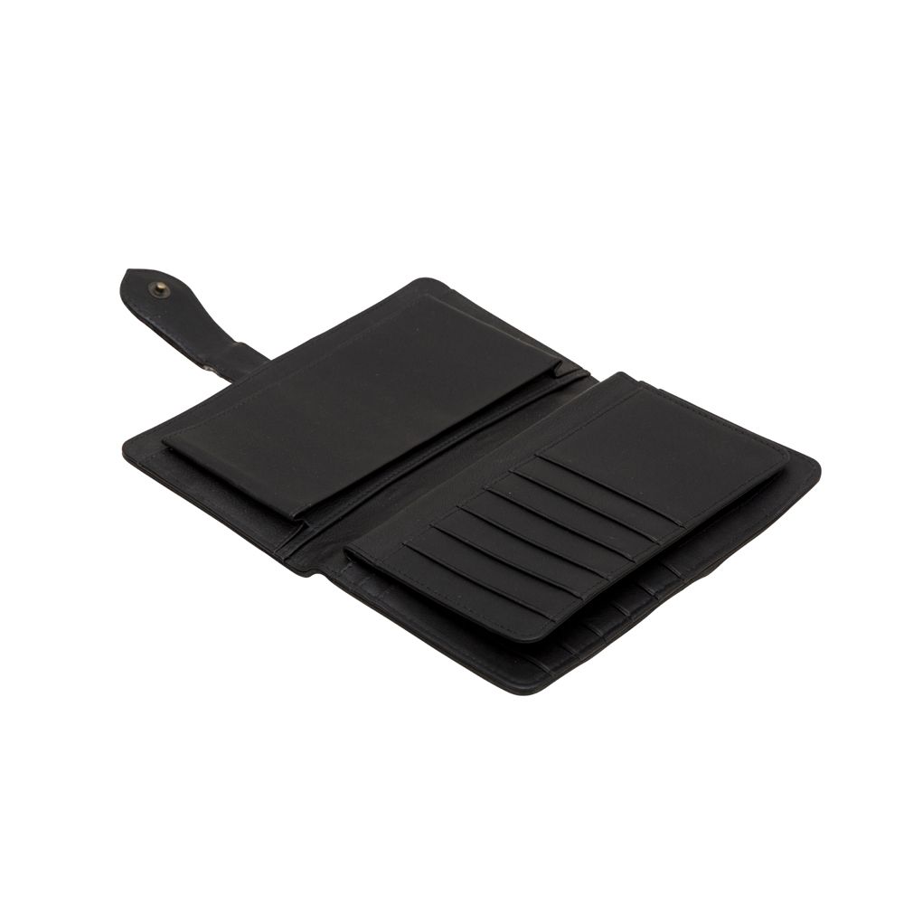 a black luggage tag with a black handle