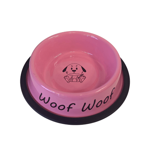 Woof Woof Stainless Steel Dog Bowls in pink