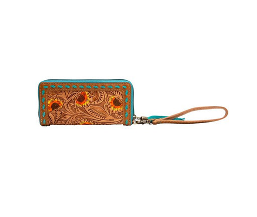 a brown and blue wallet with sunflowers on it