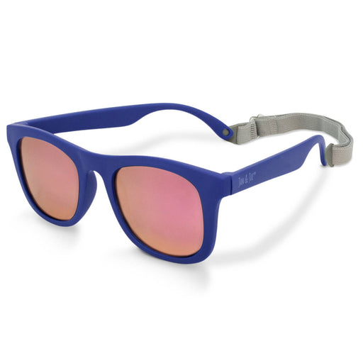 a pair of blue sunglasses with pink mirrored lenses