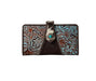 a wallet with a turquoise and brown design