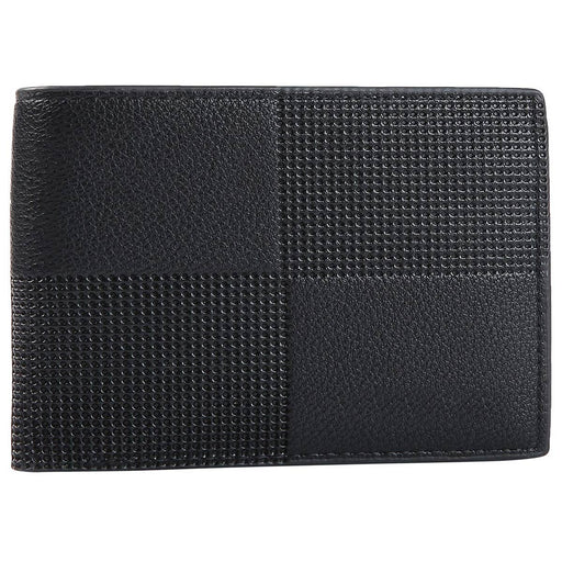 a black leather wallet with a checkered pattern
