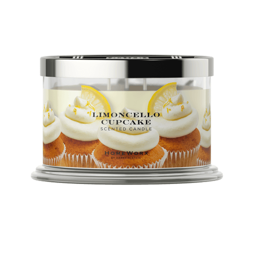 a 4-wick candle in a jar with lid with cupcakes on it on a white background