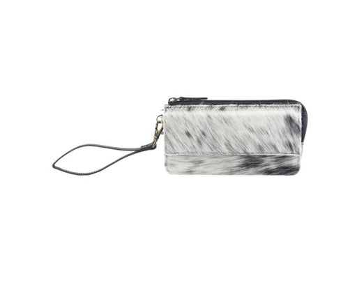 a white and black clutch bag with a long strap