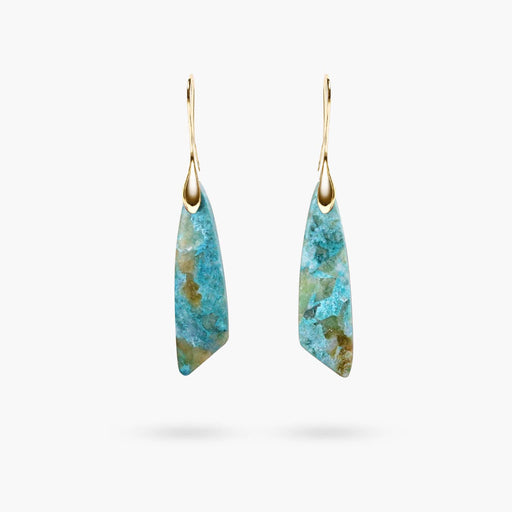 a pair of gold earrings with drop turquoise stones