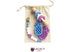 a Pineapple teether and a bead toy with 3 silicone teething rings blue and white and purple on a cotton bag