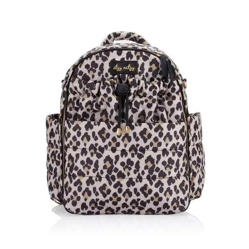 a leopard print backpack on a white background