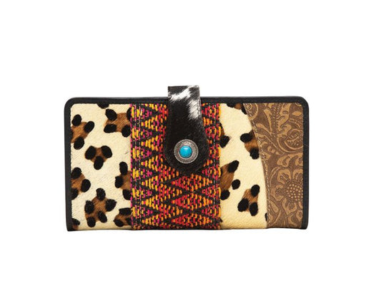 a wallet with a leopard print pattern and a blue button