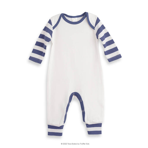 a white and blue striped baby romper