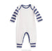 a white and blue striped baby romper