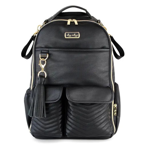 a black backpack with two pockets and a tassell