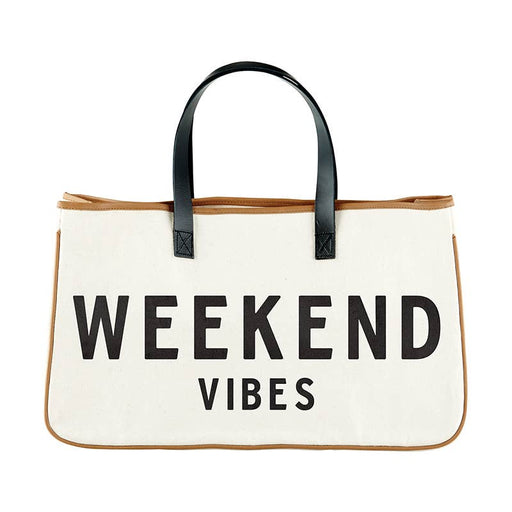 a white and black tote bag with the words weekend vibes printed on it