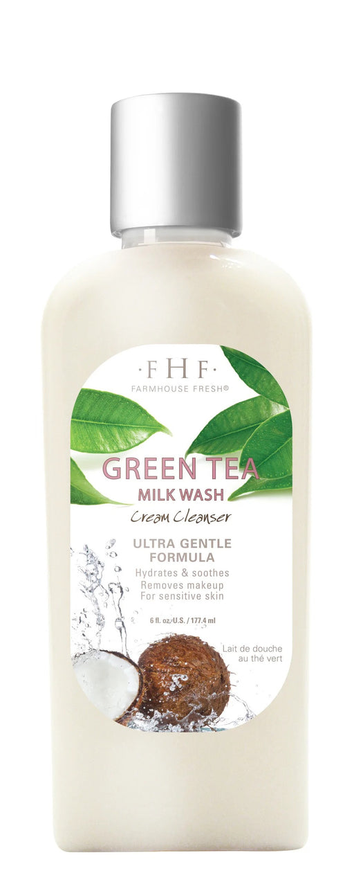 a bottle of green tea milk face wash on a white background