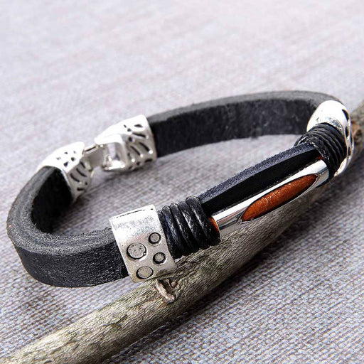 a black leather men's bracelet with a silver clasp