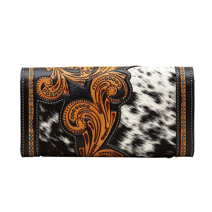 a black and white wallet with orange and white designs