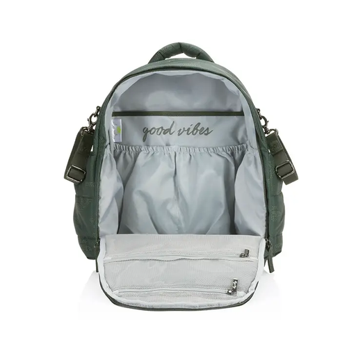 a diaper bag backpack with a zipper on the front of it